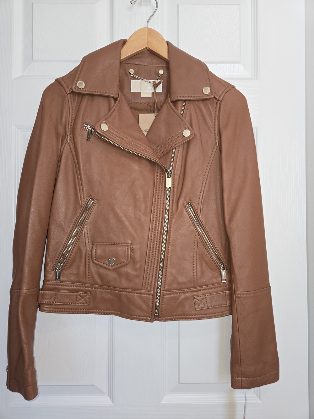 MICHAEL Michael Kors Cognac Leather Moto Jacket Extra Small Brand New with Tags